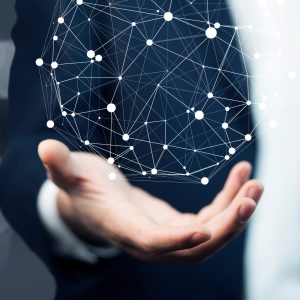 businessman touching virtual screen with cyber icon businessman touching virtual screen with cyber icon
